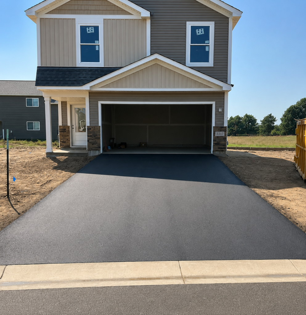 New suburban home with open garage and driveway