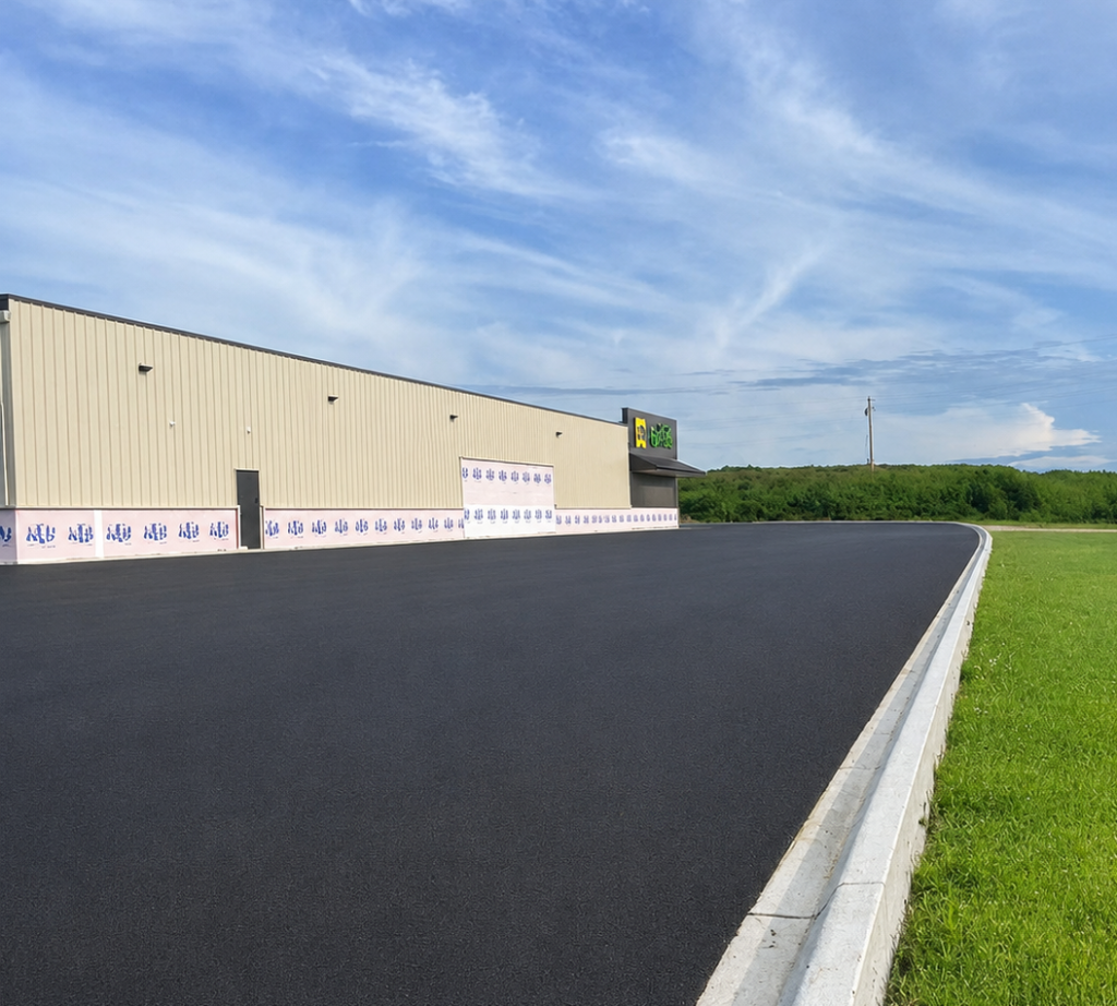 New asphalt parking lot beside large warehouse building