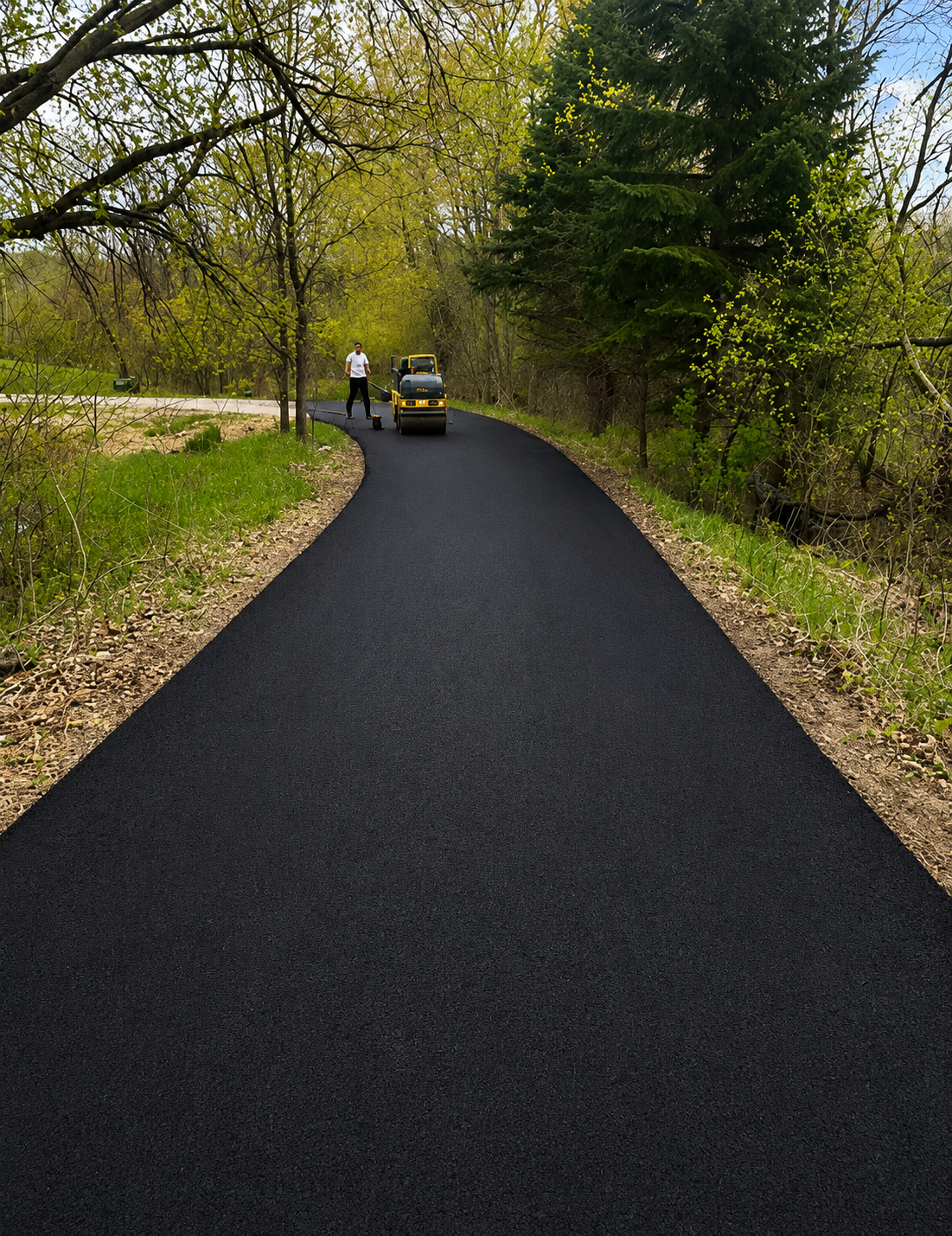 Worker paving asphalt path in wooded park