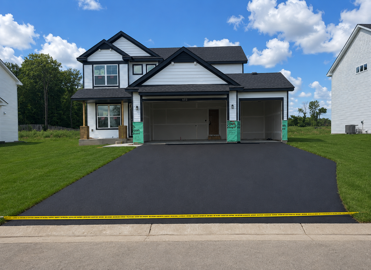 New two-story home with fresh asphalt driveway