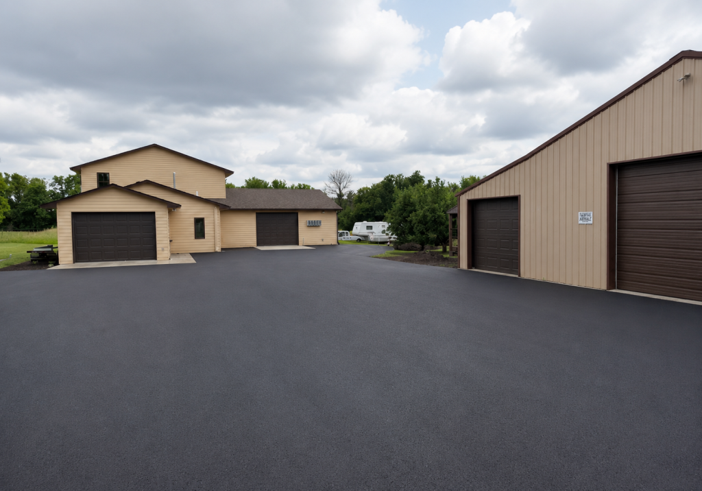 Large asphalt driveway with multiple garage buildings