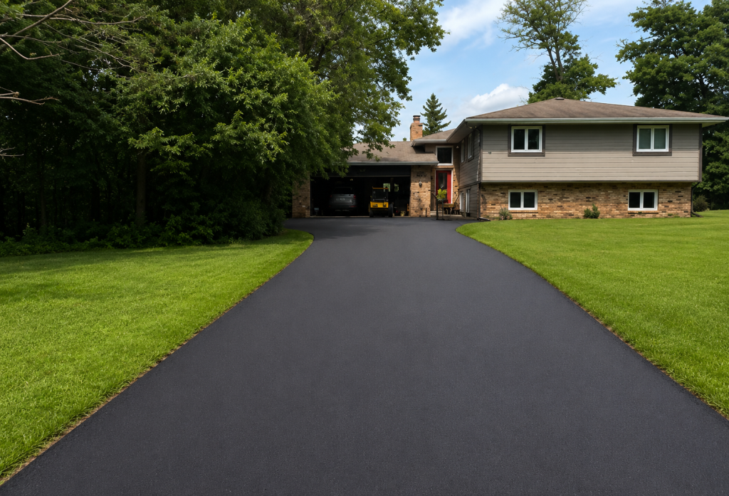 Fresh asphalt driveway leading to suburban home