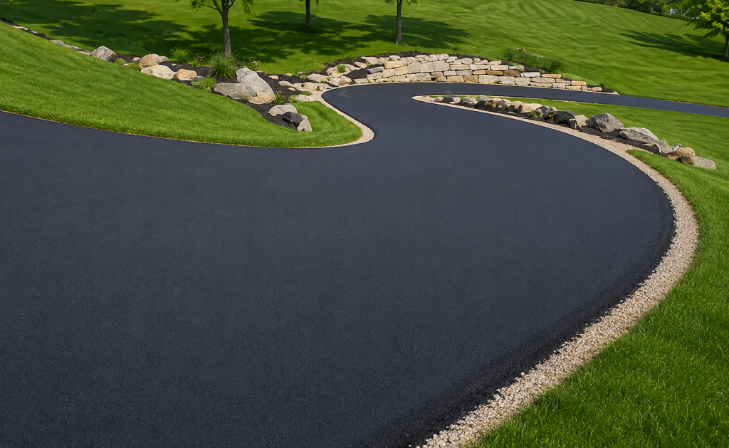Curved asphalt driveway with landscaped lawn and stone wall